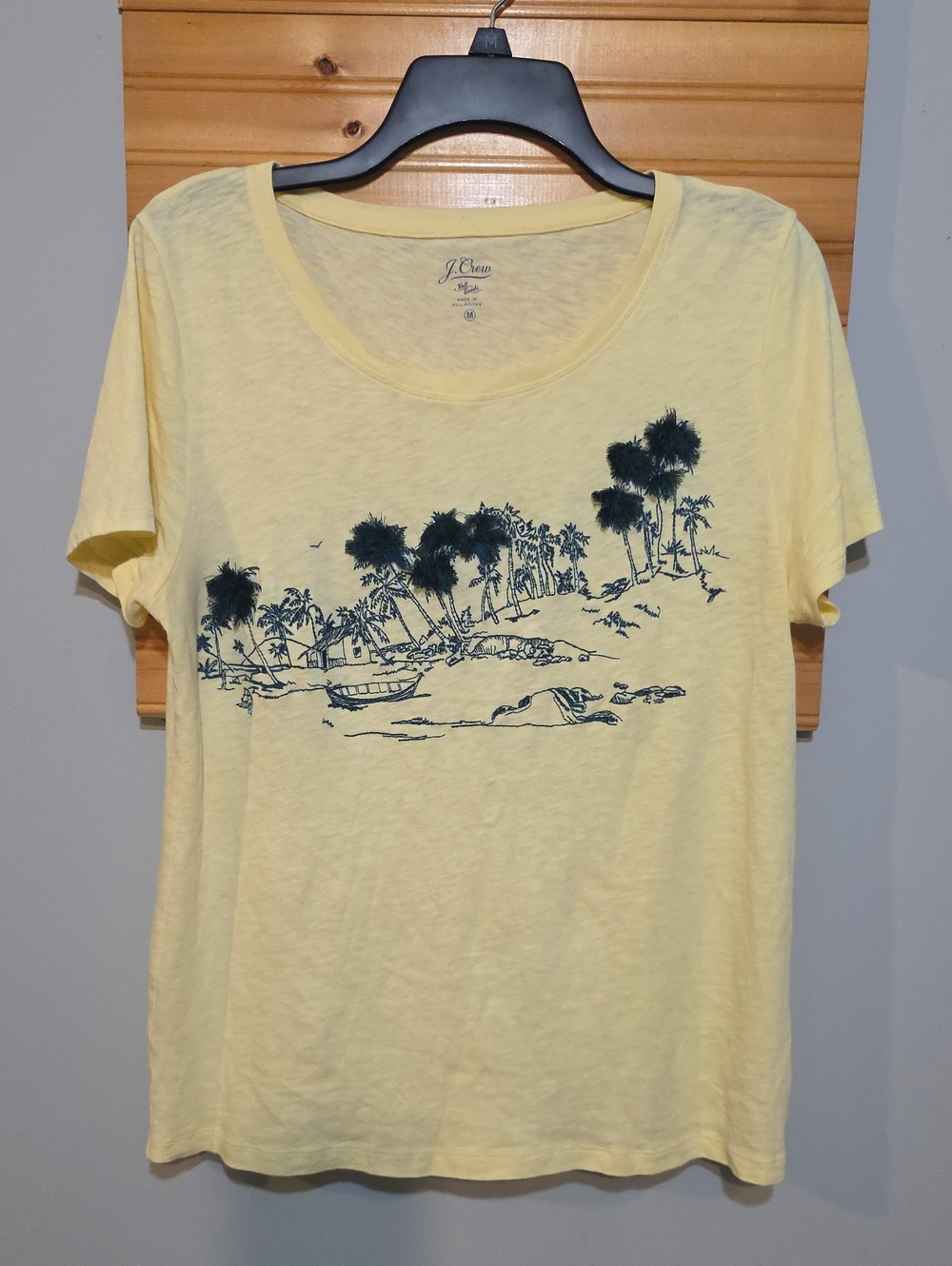 J.Crew Pale Yellow Palm Beach Graphic Tee Coastal Scenic Print Women's M